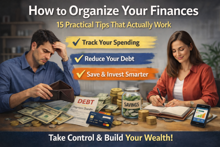 Financial organization concept showing a stressed man with bills and a woman managing money with savings and budgeting tools